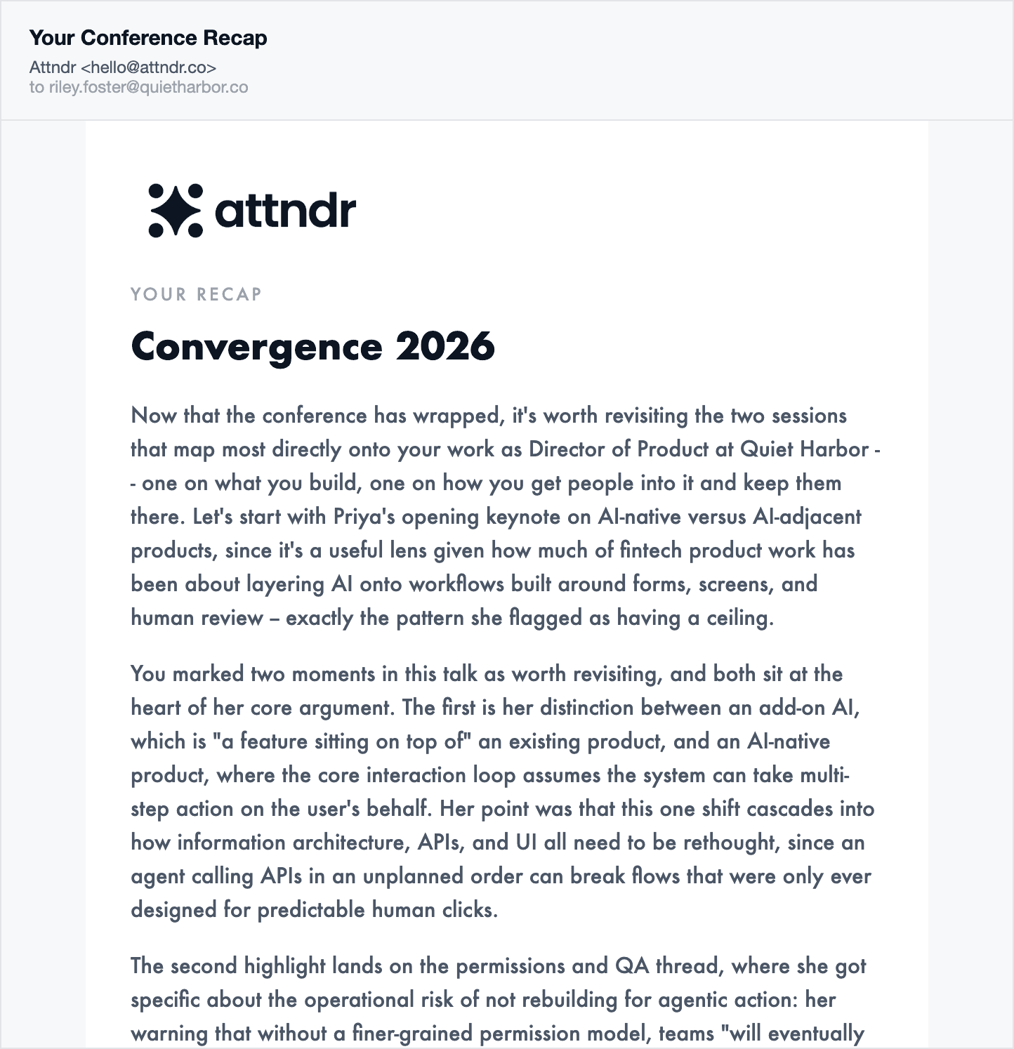 A personalised post-event recap email as it arrives in an attendee's inbox, written around their role and the moments they marked.