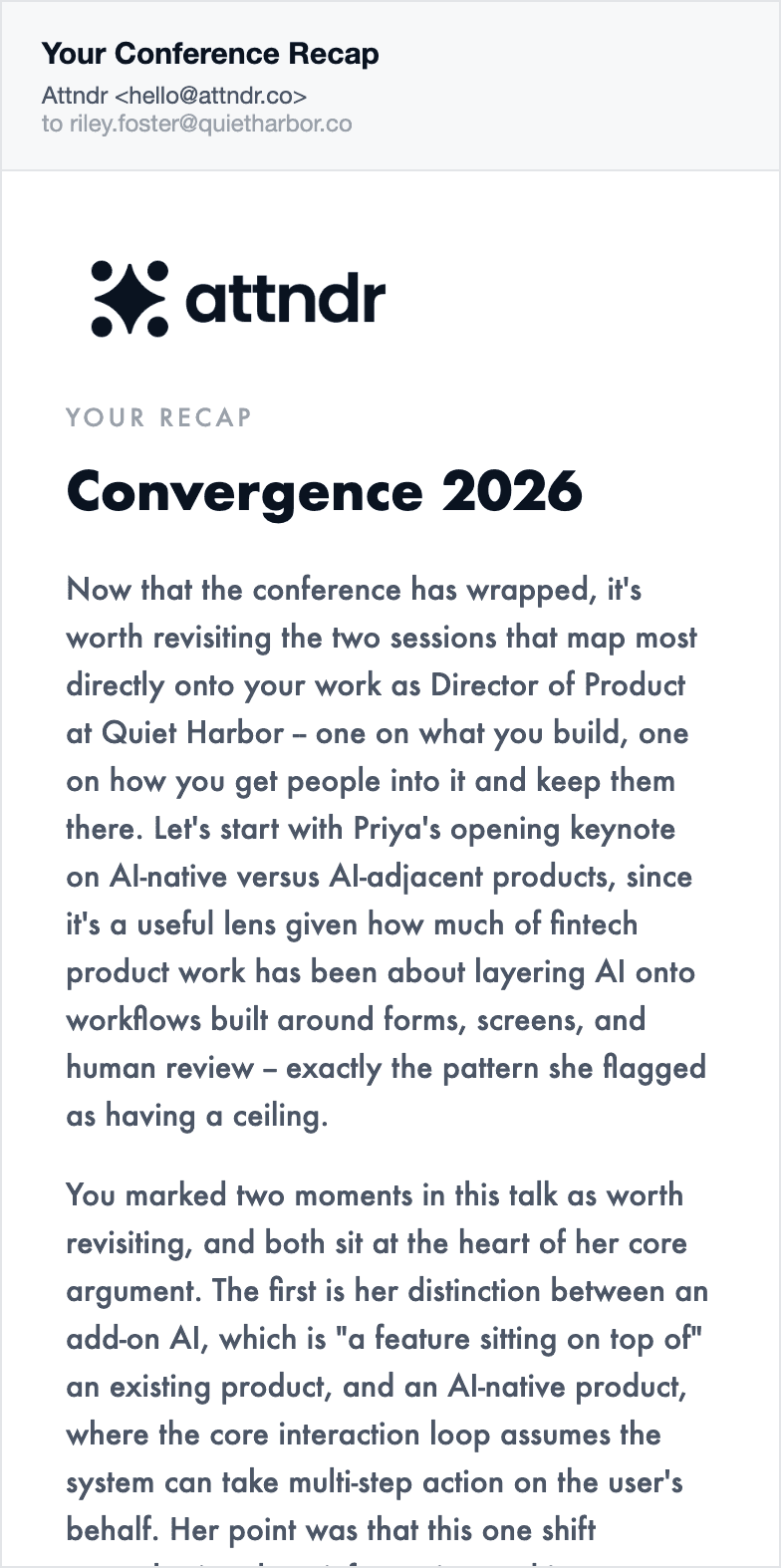 A personalised post-event recap email as it arrives in an attendee's inbox, written around their role and the moments they marked.